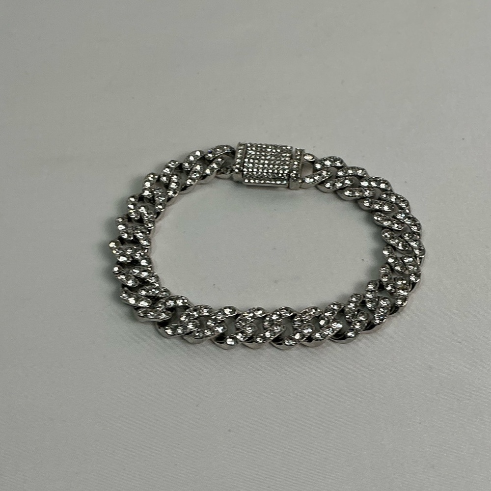 Iced Out Silver Cuban Chain Bracelet with Rhinestone